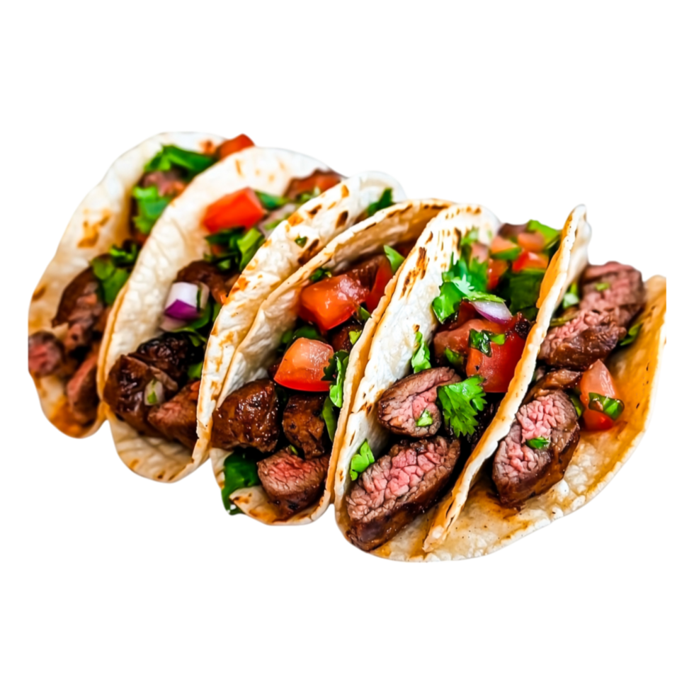 Delicious Tacos with Grilled Steak, Fresh Vegetables and Cilantro png