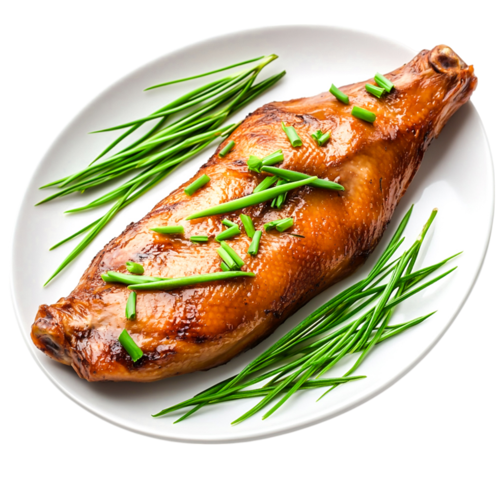 Roasted Fish White Plate Garnished with Fresh Chives and Herbs png