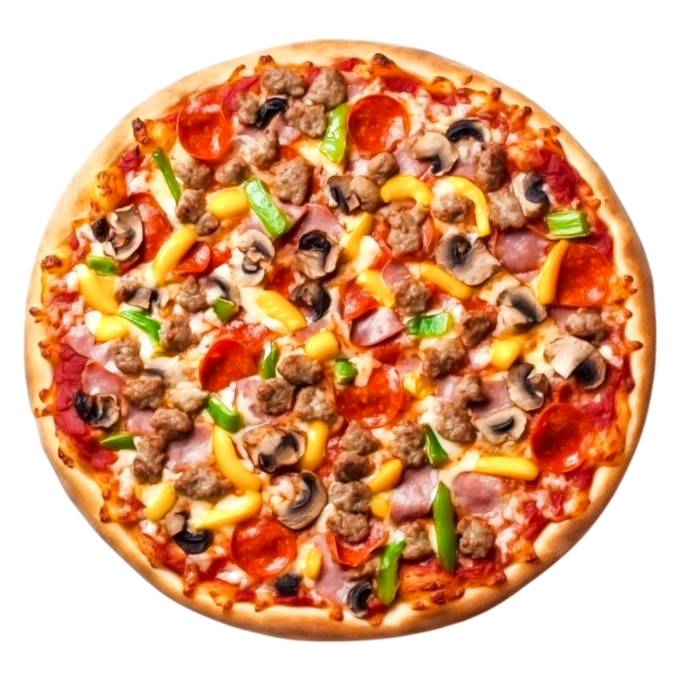 Delicious Pepperoni and Sausage Pizza Topped with Fresh Vegetables and Cheese png