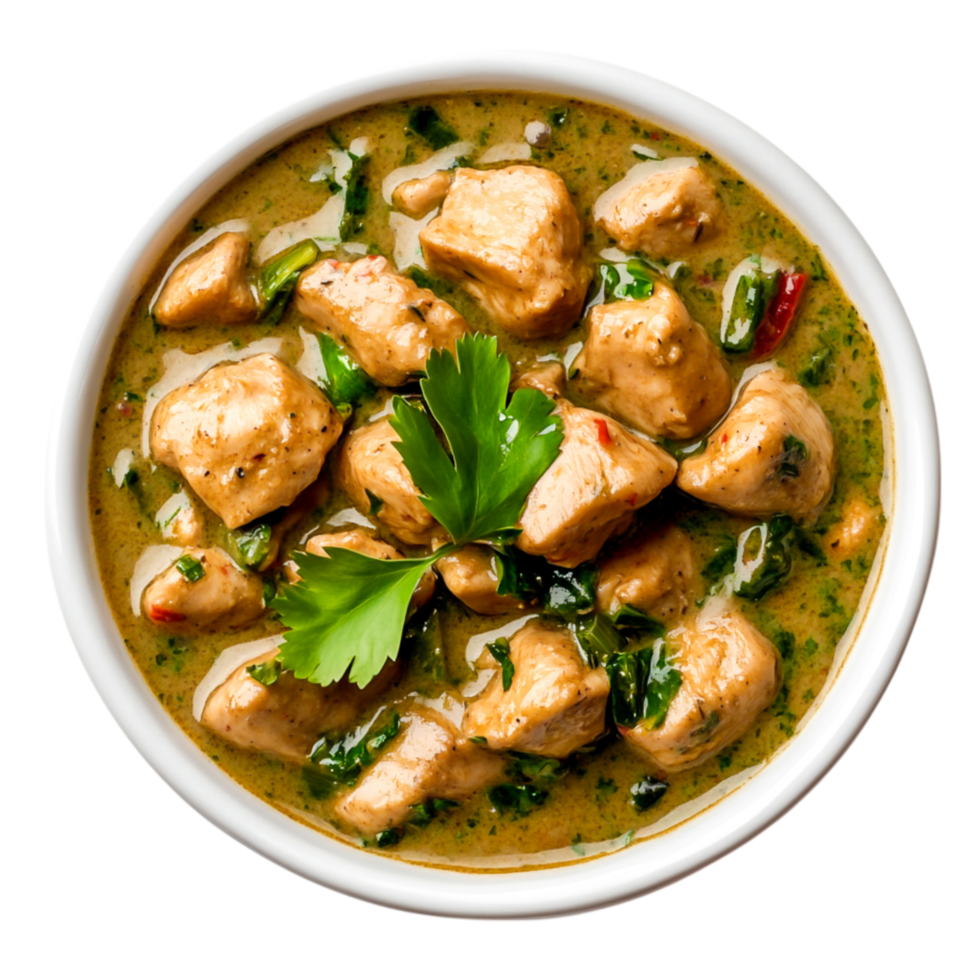 Creamy Chicken Dish with Herbs and Spices in a White Bowl png