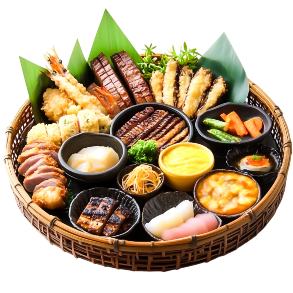 Exquisite Japanese Cuisine Platter with Assorted Dishes and Elegant Presentation png