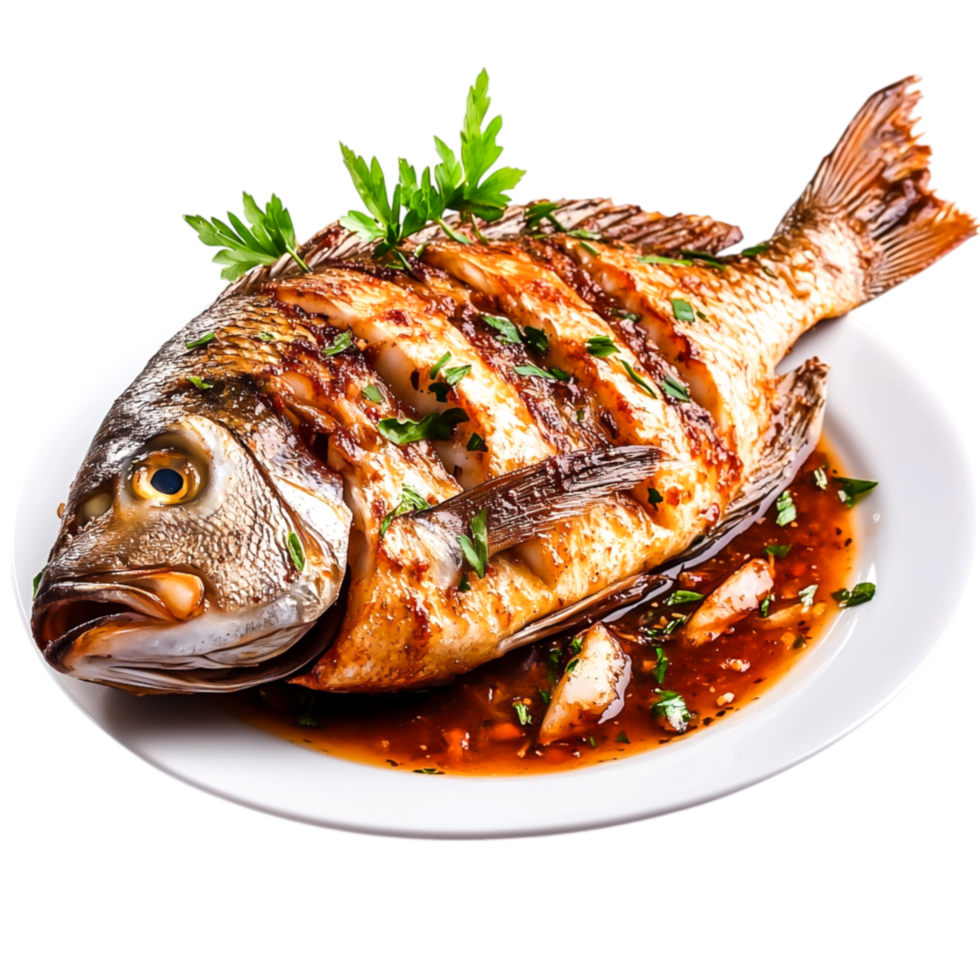 Grilled Whole Fish with Herbs and Garnish Plate for Culinary Presentation png