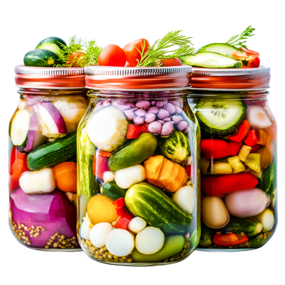 Colorful Jars of Home-Preserved Pickled Vegetables and Fresh Produce png
