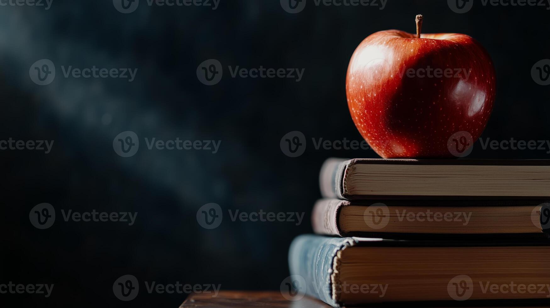 An apple red sits on top of a stack of books photo