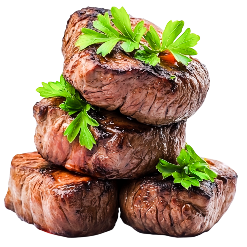 Juicy Grilled Beef Steaks Stacked with Fresh Parsley Garnish for Gourmet Cuisine png