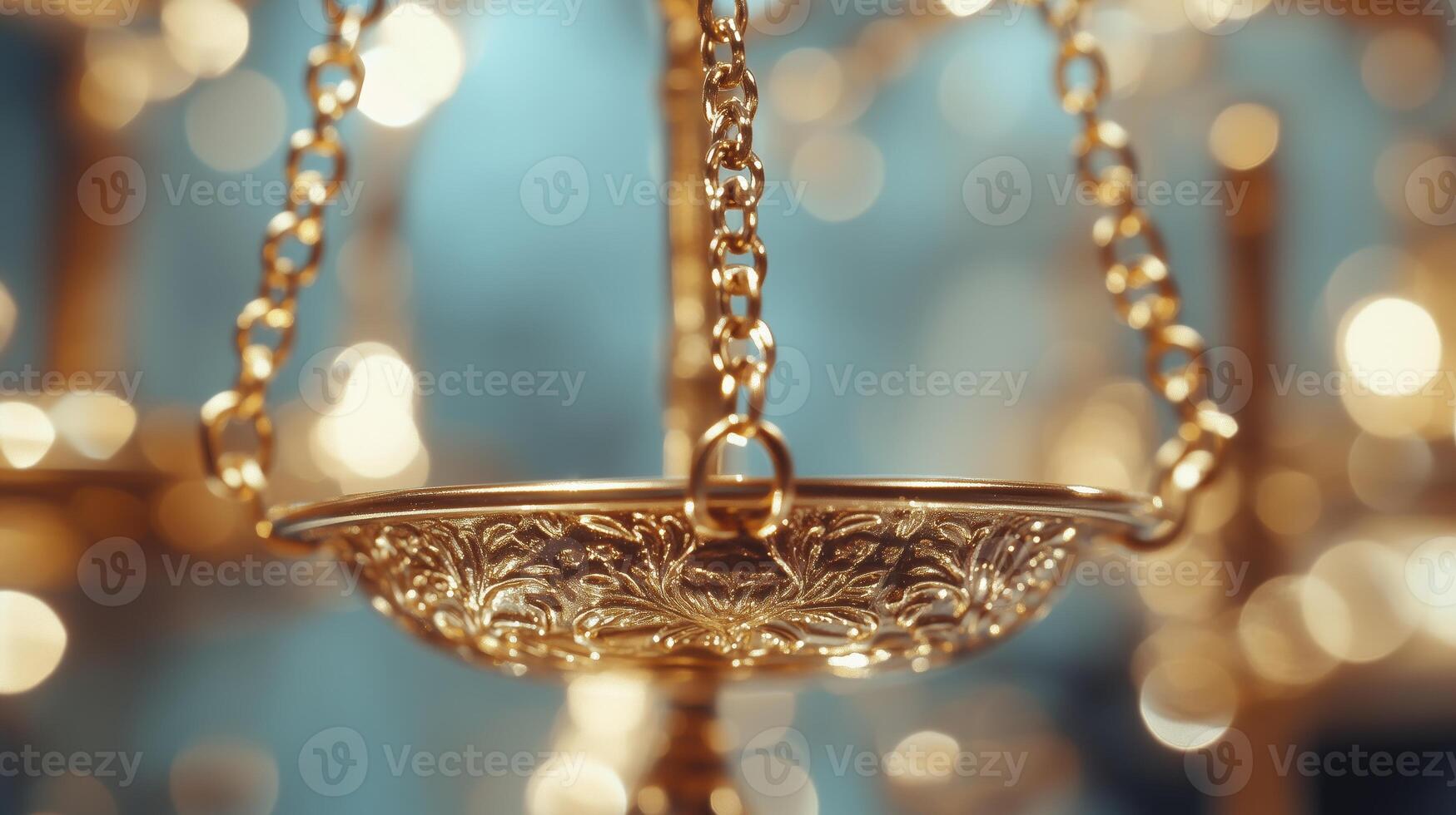 Golden balance scale with bokeh lights photo