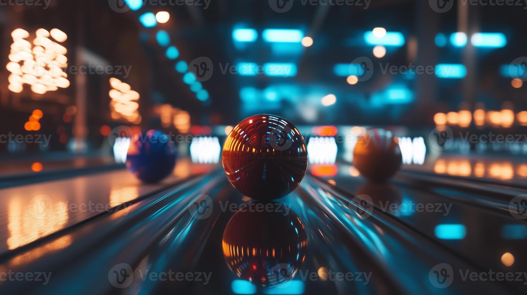 Four vibrant bowling balls sit ready photo