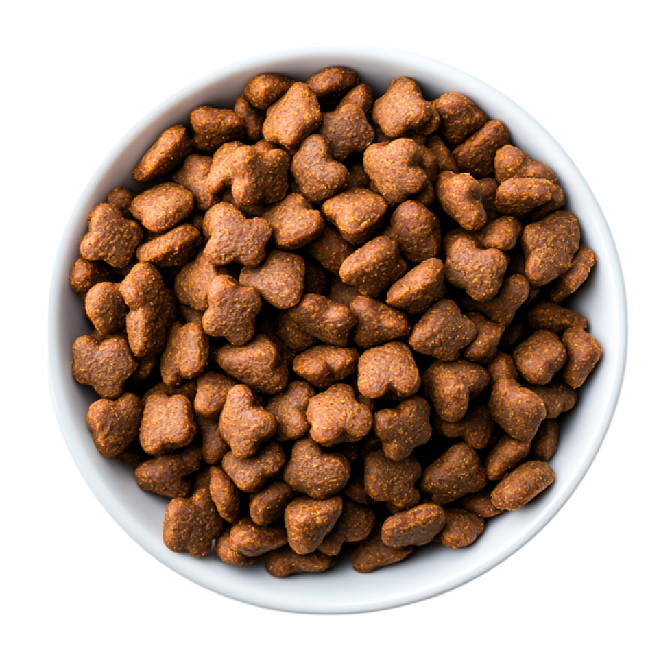 Bowl of Brown Dog Food Kibble in a Circular White Dish png