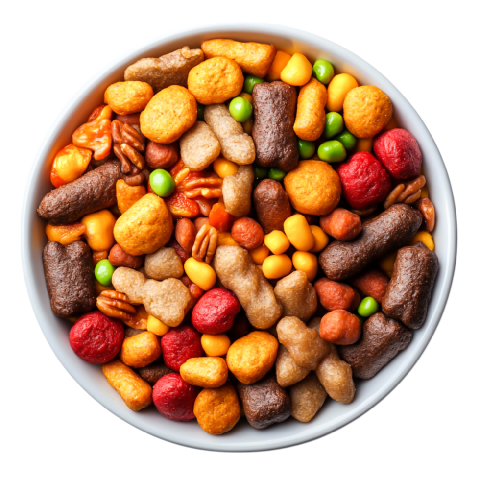 Colorful Assortment of Pet Food Kibble in a White Bowl from Above png