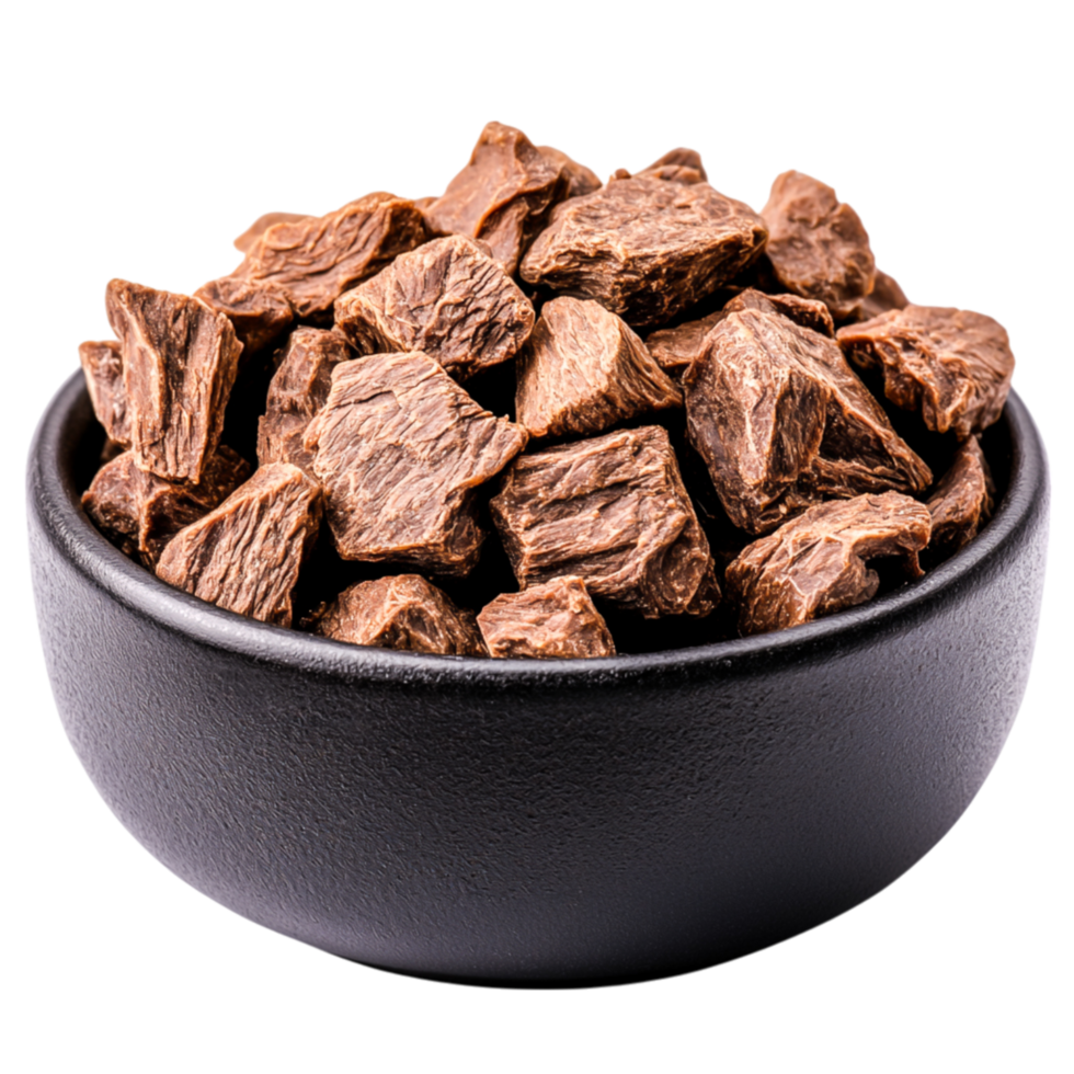 Brown chocolate chunks in black bowl showcasing rich texture and color png