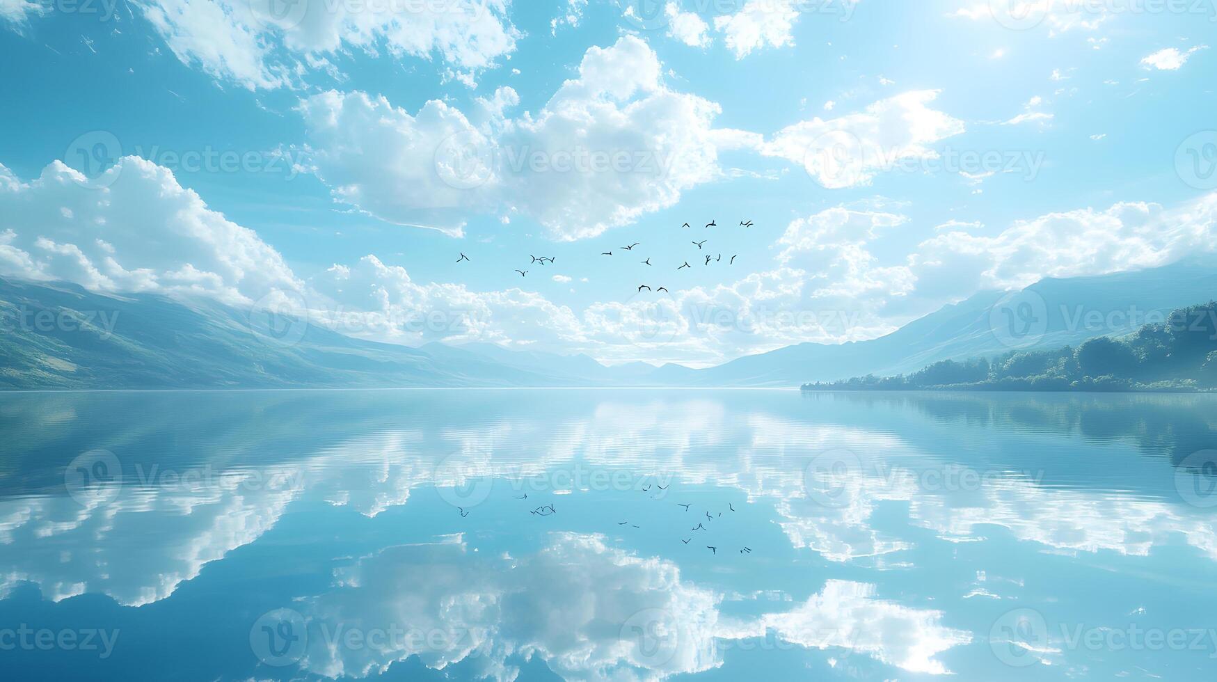 Serene Lake Landscape with Clear Blue Sky and Gentle Reflections photo