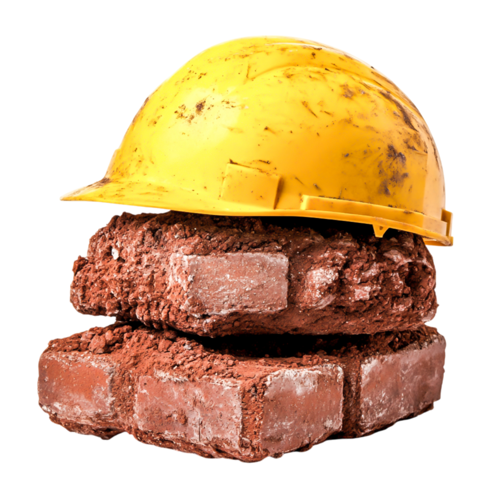 Yellow Hard Hat on Red Brick Pile for Constructind Safety Themes png