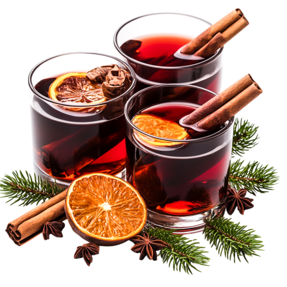 Festive Winter Drinks with Cinnamon, Orange, and Spices in Glasses png