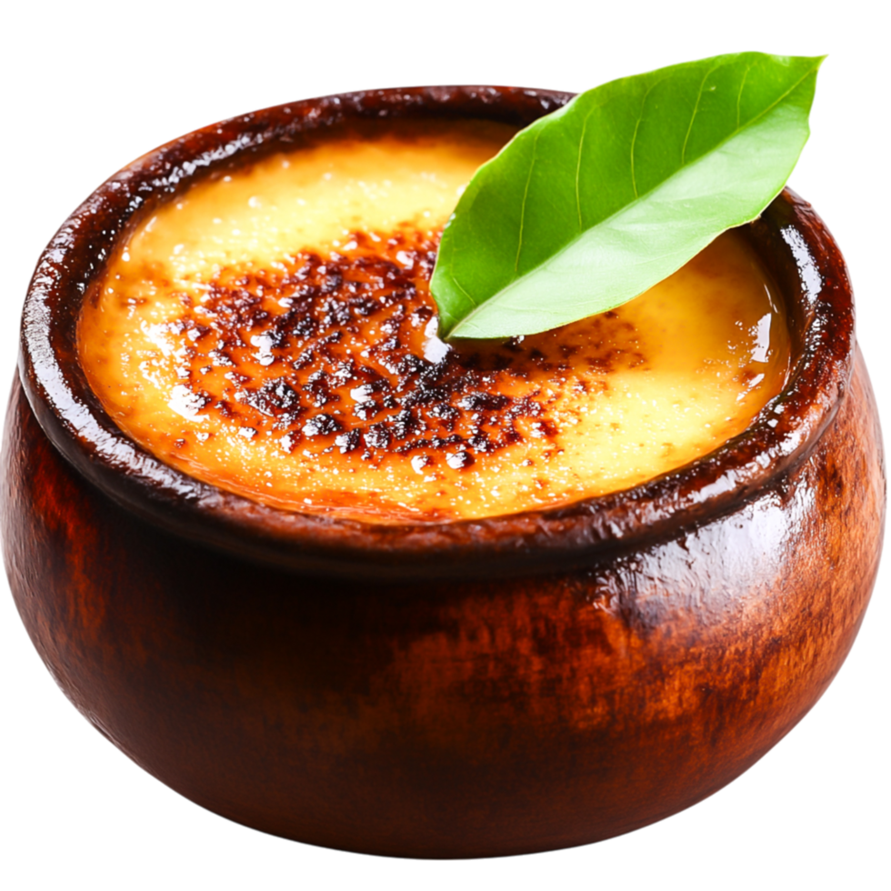 Creamy dessert with caramelized sugar topping and green leaf garnish png