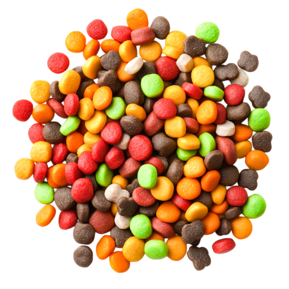 Colorful Pet Food Kibble Mix in Various Shapes and Sizes on png