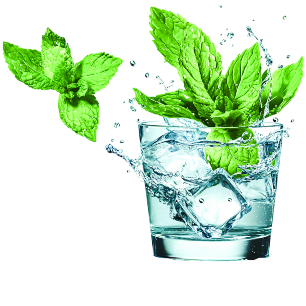 Fresh Mint Leaves Splashing in Glass of Water with Ice Cubes png