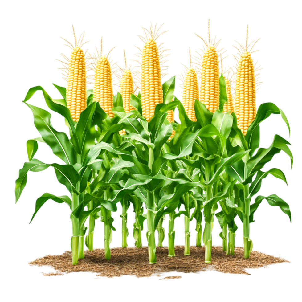 Lush Cornfield with Ripe Yellow Corn on Stalks in Bright Green Leaves png