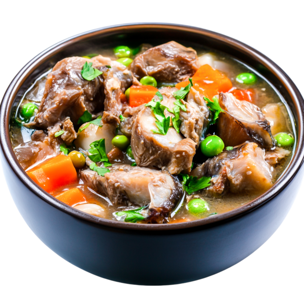 Hearty Meat and Vegetable Stew in Dark Bowl with Fresh Herbs and Colorful Ingredients png