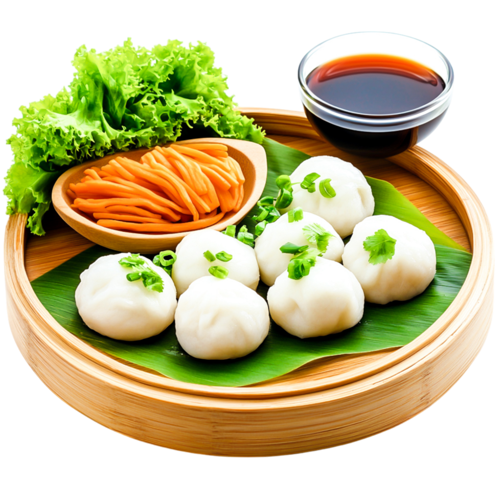 Freshly Steamed Dumplings with Vegetables and Soy Sauce on Bamboo Tray png