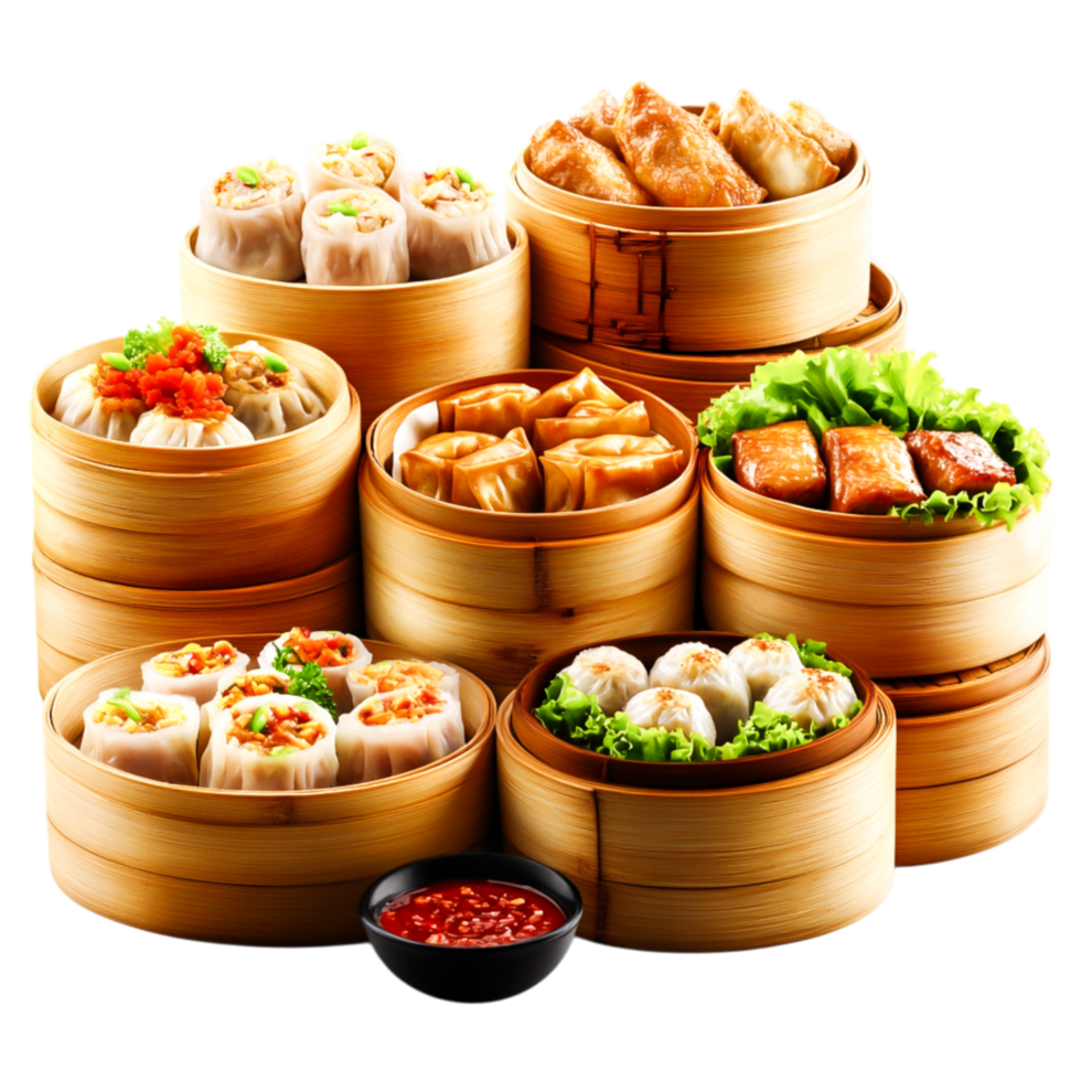 Assorted Delicious Dim Sum Varieties in Bamboo Steamer Baskets png