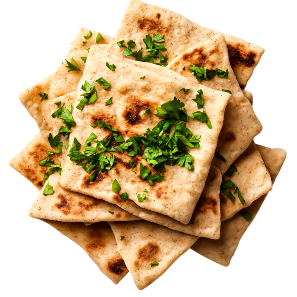 Freshly Baked Flatbread with Parsley Garnish on Wooden Surface png
