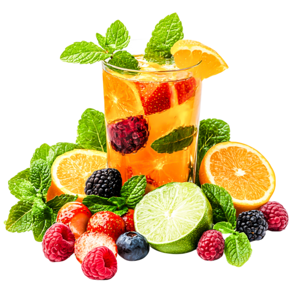 Refreshing Summer Beverage with Fruits and Mint Leaves on png