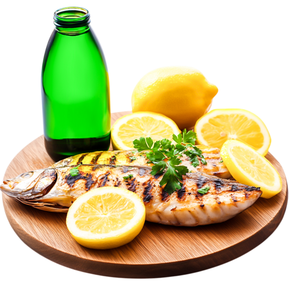 Grilled Fish with Lemon Slices and Green Bottle on Wooden Board png