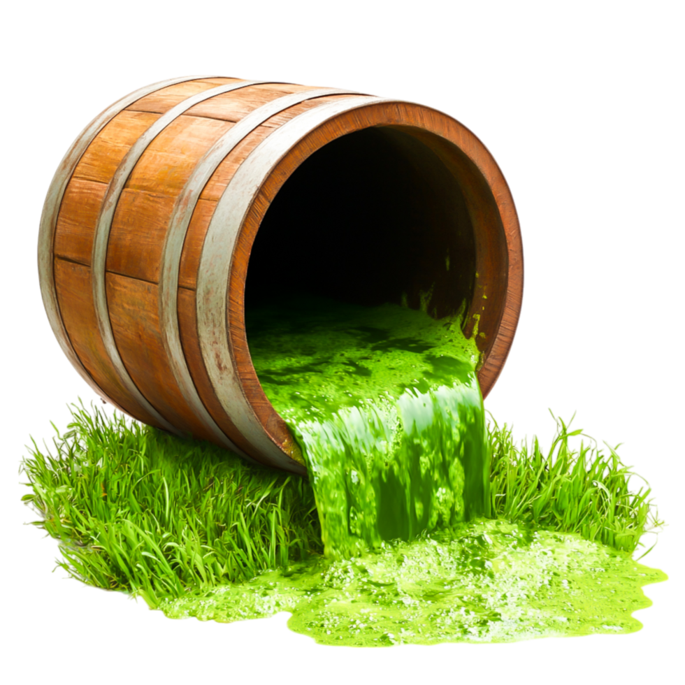 Spilling Green Liquid from Wooden Barrel onto Lush Green Grass Landscape png