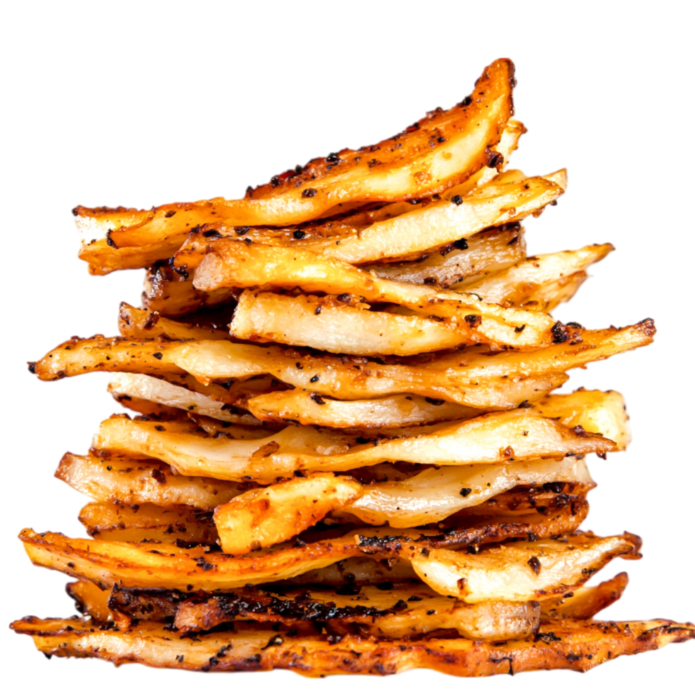 Stacked Crispy Potato Slices with Seasoning and Charred Edges png