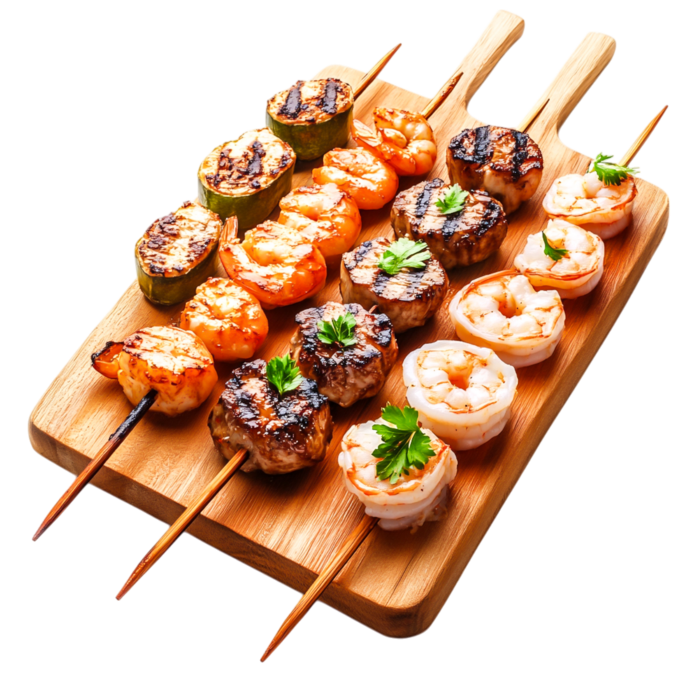 Grilled Shrimp and Meat Skewers on Wooden Board with Fresh Herbs png