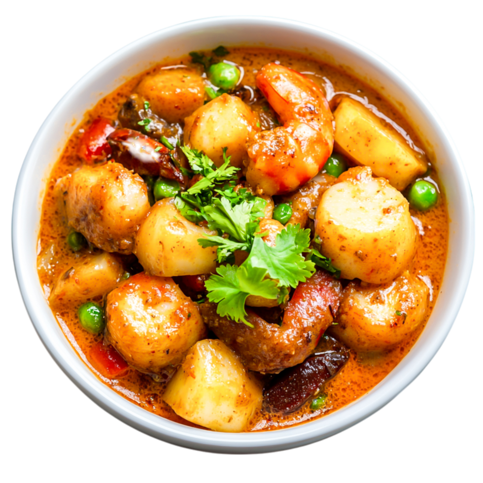 Delicious Spicy Shrimp and Potato Curry with Fresh Vegetables and Herbs png