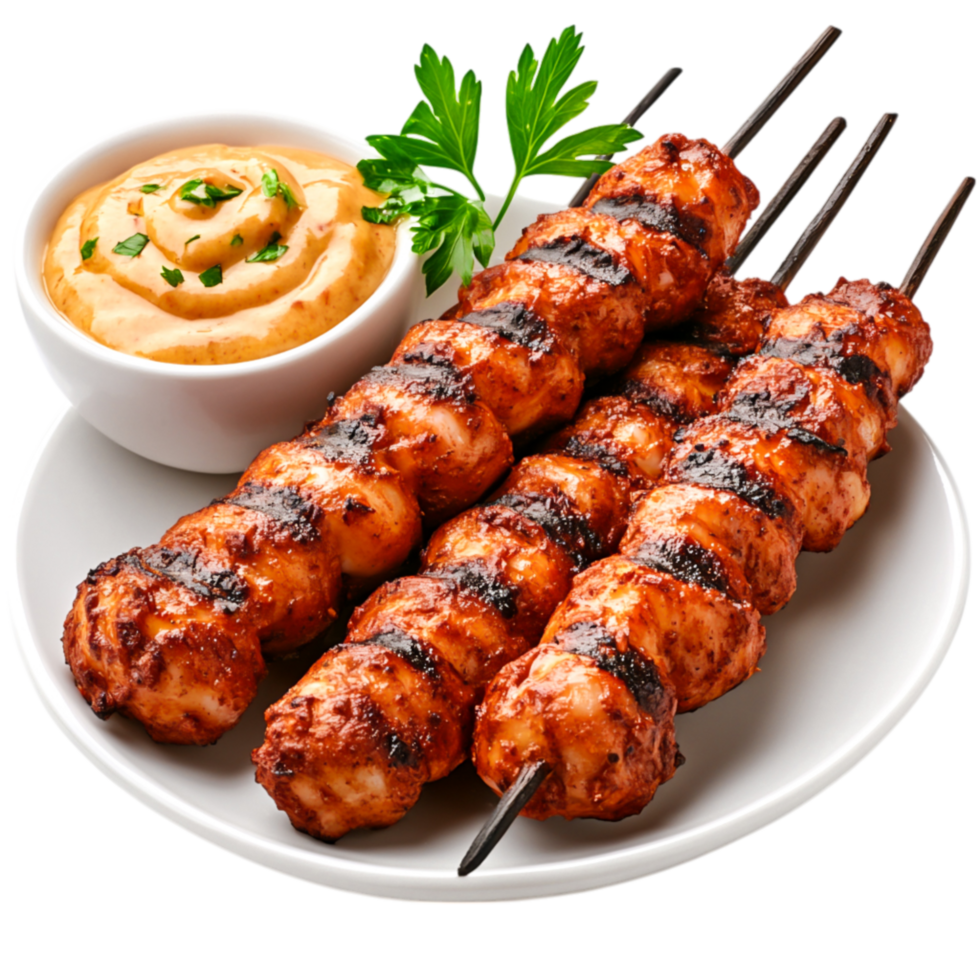 Delicious Grilled Chicken Skewers with Tangy Sauce and Fresh Garnish png