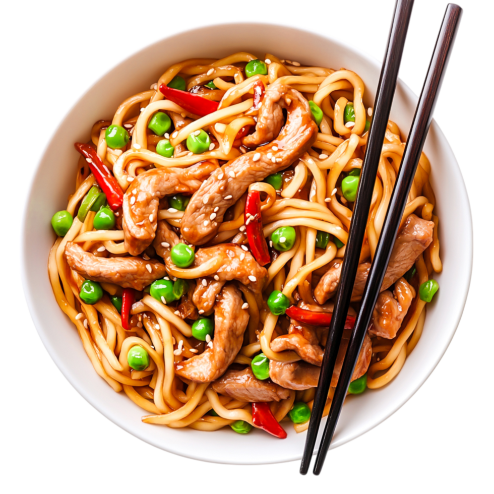 Delicious Chicken Stir Fry Noodles with Veggies and Chopsticks in Bowl png