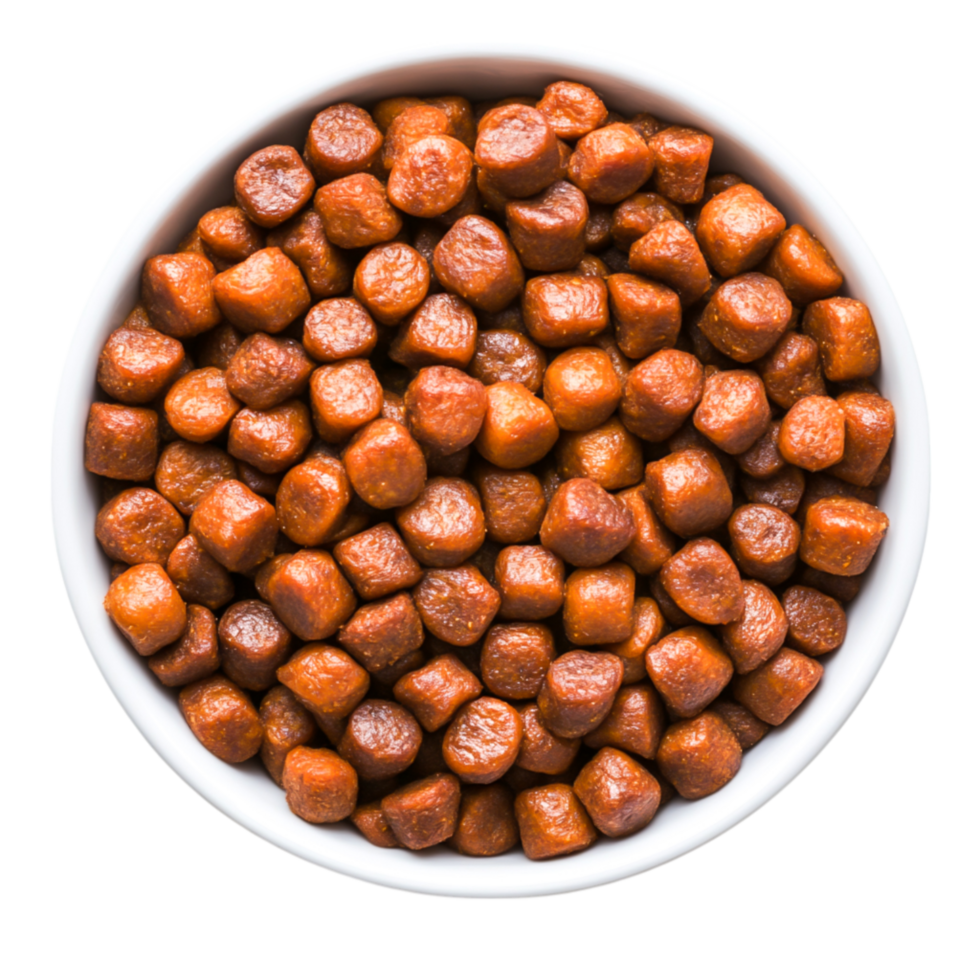 Brown Pet Food Kibble in Round White Bowl on Light Background png