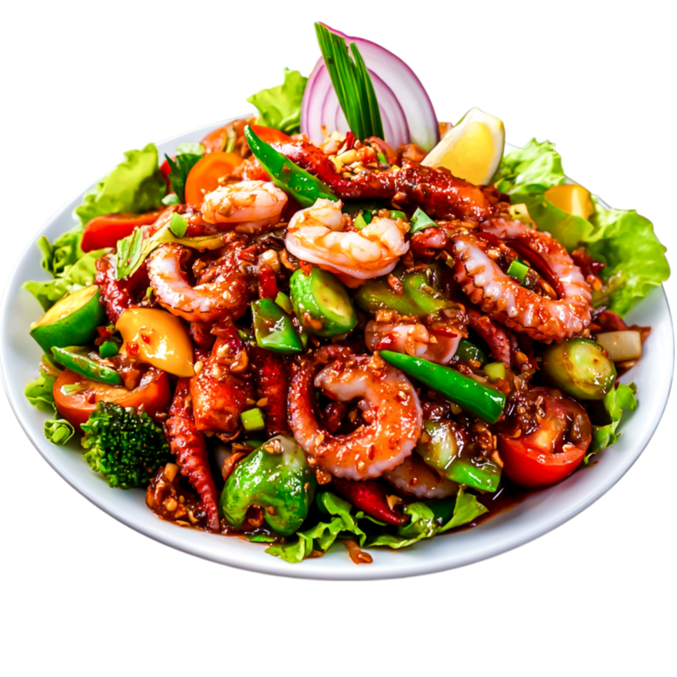 Colorful Shrimp Salad with Fresh Vegetables and Flavorful Dressing png