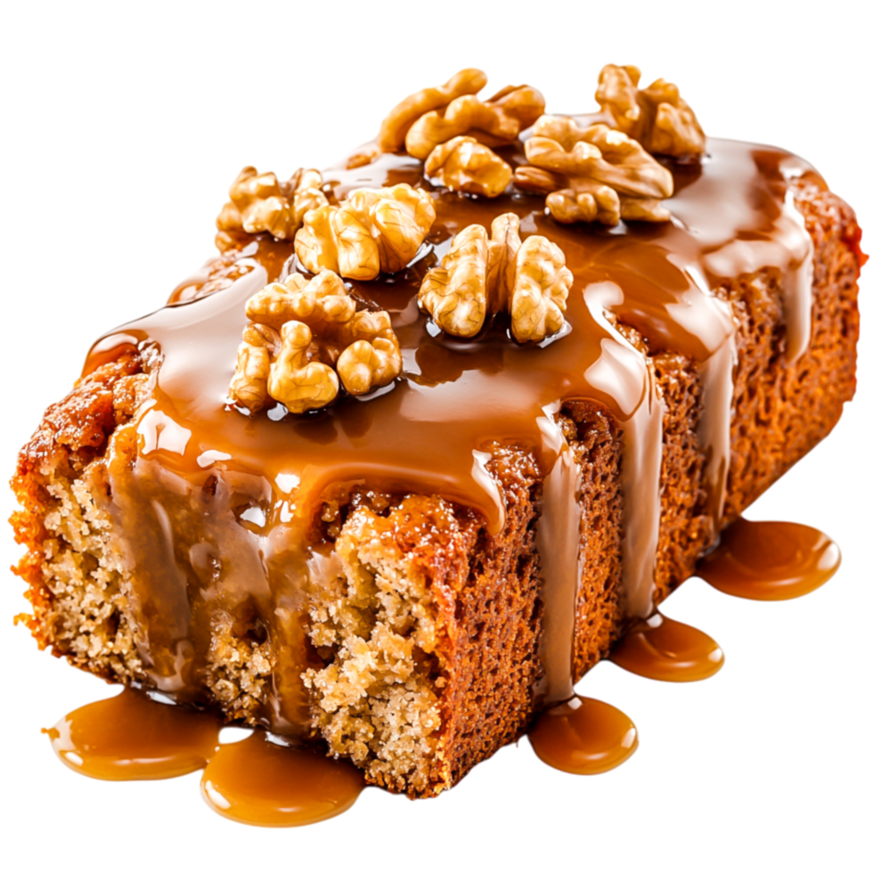 Moist Walnut Loaf Cake with Sweet Caramel Drizzle Topping and Nuts png
