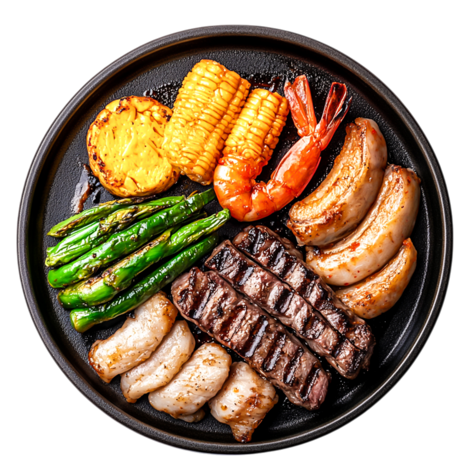 Grilled Shrimp, Corn, Vegetables, and Meat on Black Plate in Gourmet Style png
