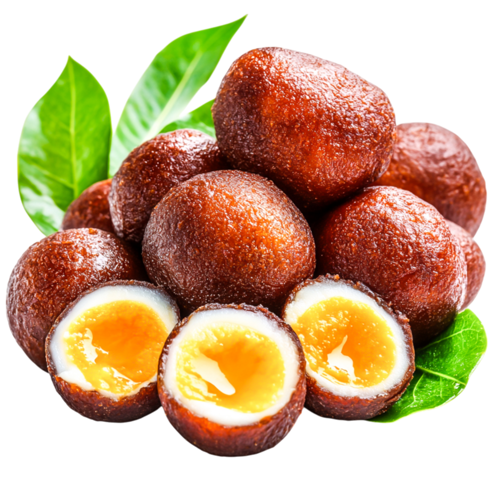 Delicious Golden Gulab Jamun with Soft Center and Fresh Green Leaves png