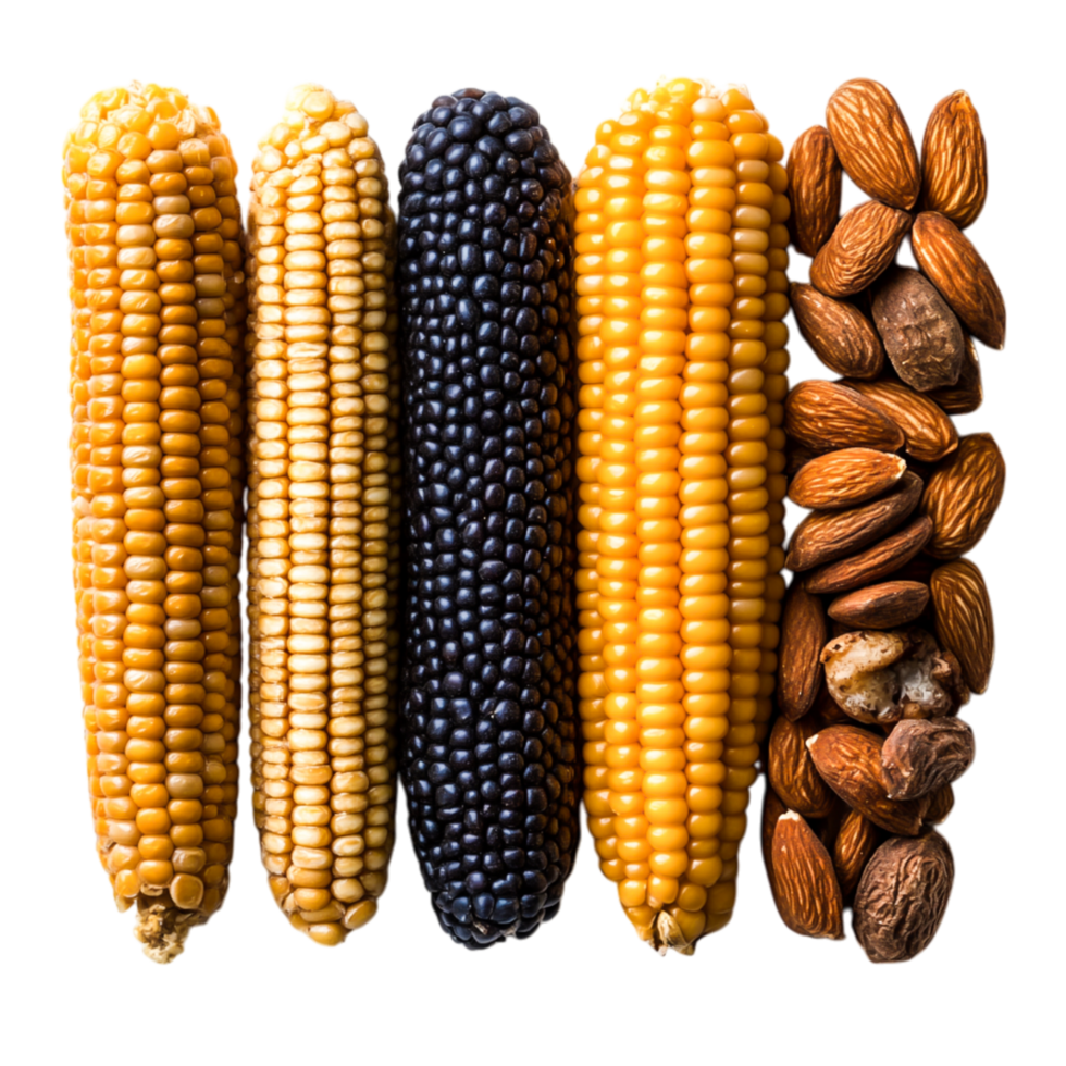 Vibrant Corn Varieties and Almonds Arranged on png