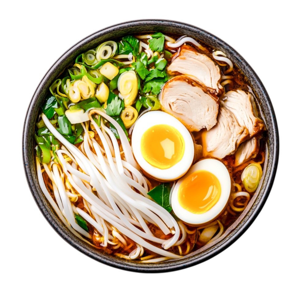 Delicious Ramen Bowl with Soft Boiled Eggs, Chicken, and Fresh Herbs png