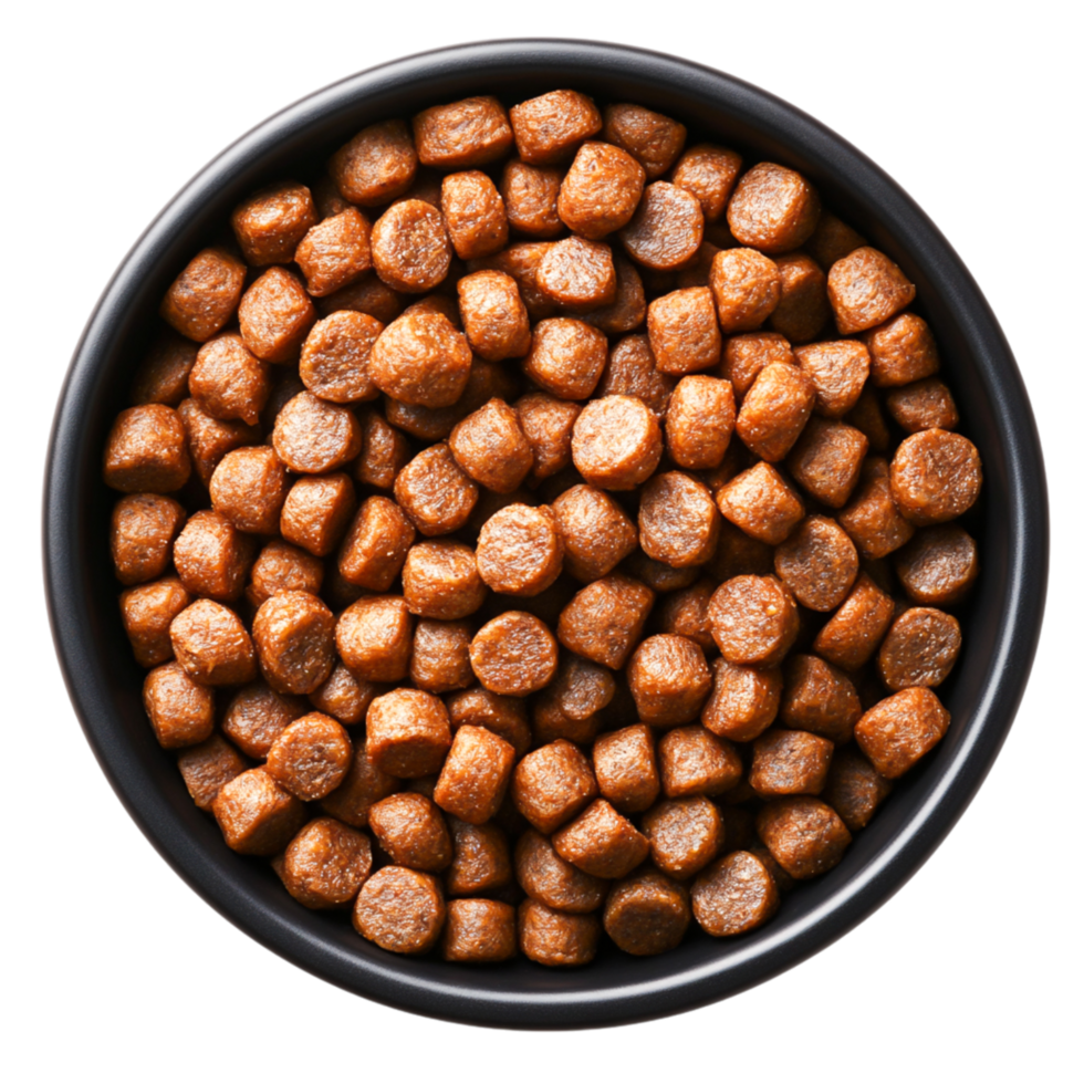closeup View of Dry Pet Food Pellets in a Black Bowl on png