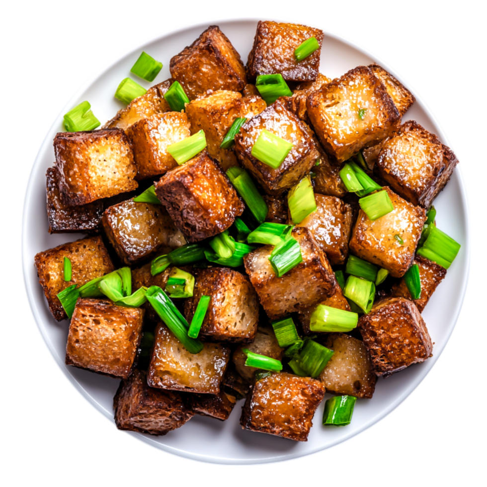 Crispy Fried Tofu Cubes with Green Onion Garnish on White Plate png
