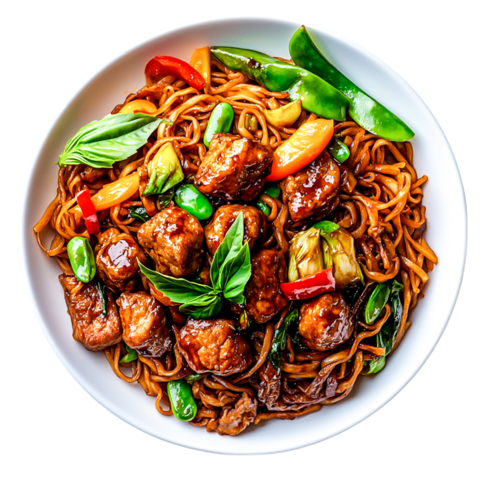 Delicious Asian Stir-Fried Noodles with Colorful Vegetables and Meat png