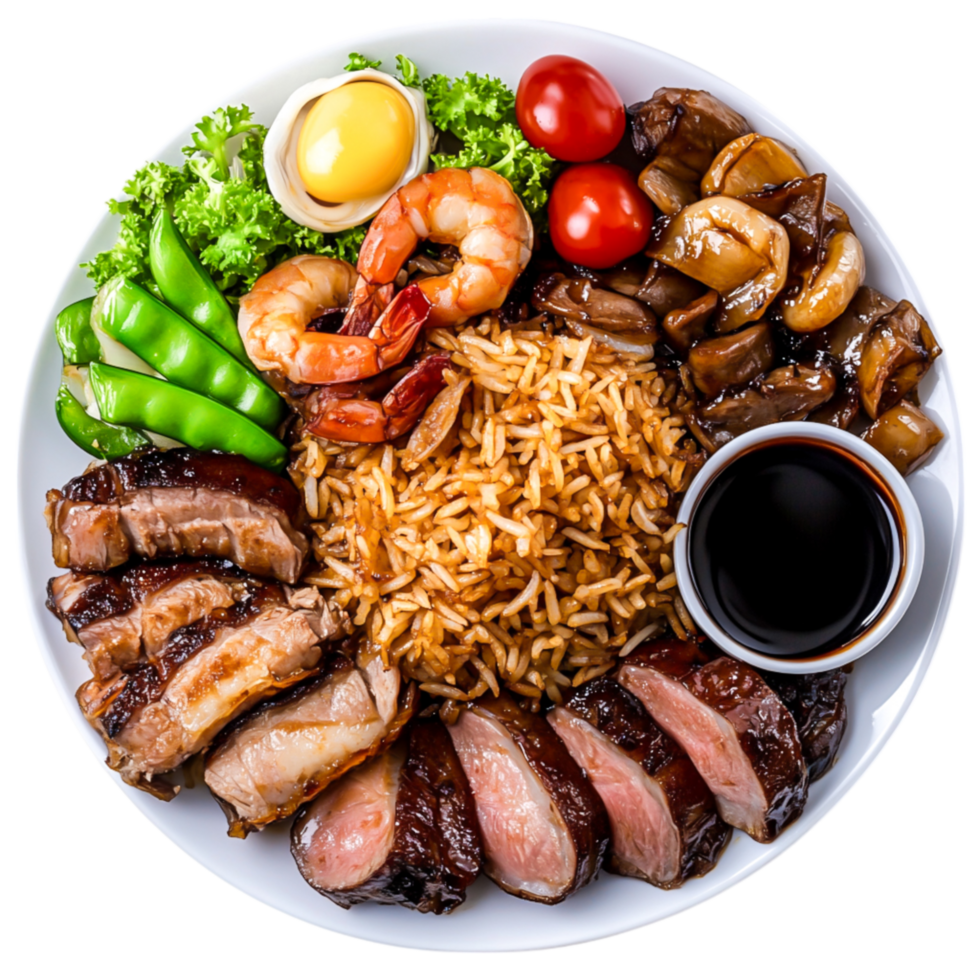 Delicious Asian Cuisine Plate with Grilled Meat, Shrimp, and Rice png