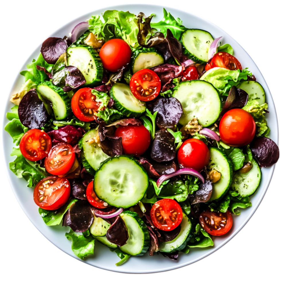 Fresh Colorful Salad with Tomatoes, Cucumbers, and Mixed Greens on Plate png