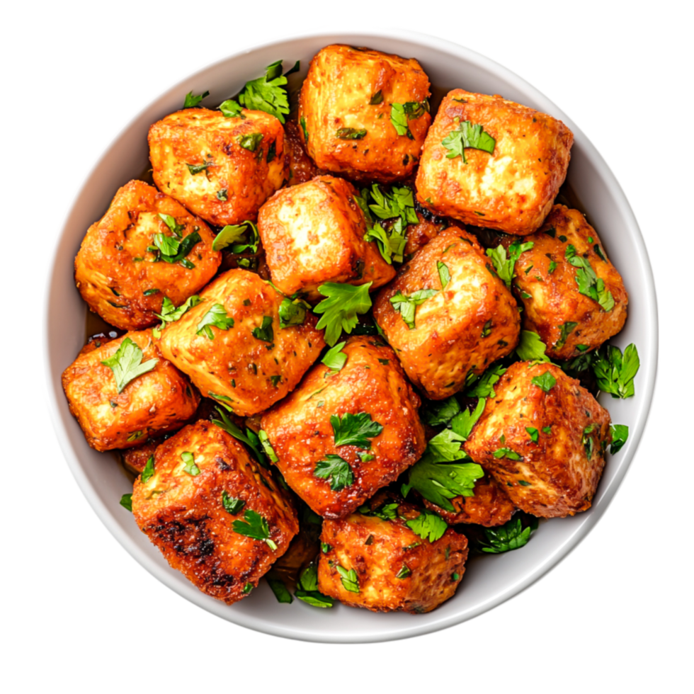 Delicious Crispy Golden Bites of Seasoned Tofu Garnished with Fresh Herbs png