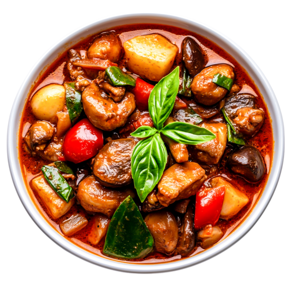 Delicious Chicken and Vegetable Stew with Fresh Basil Garnish png