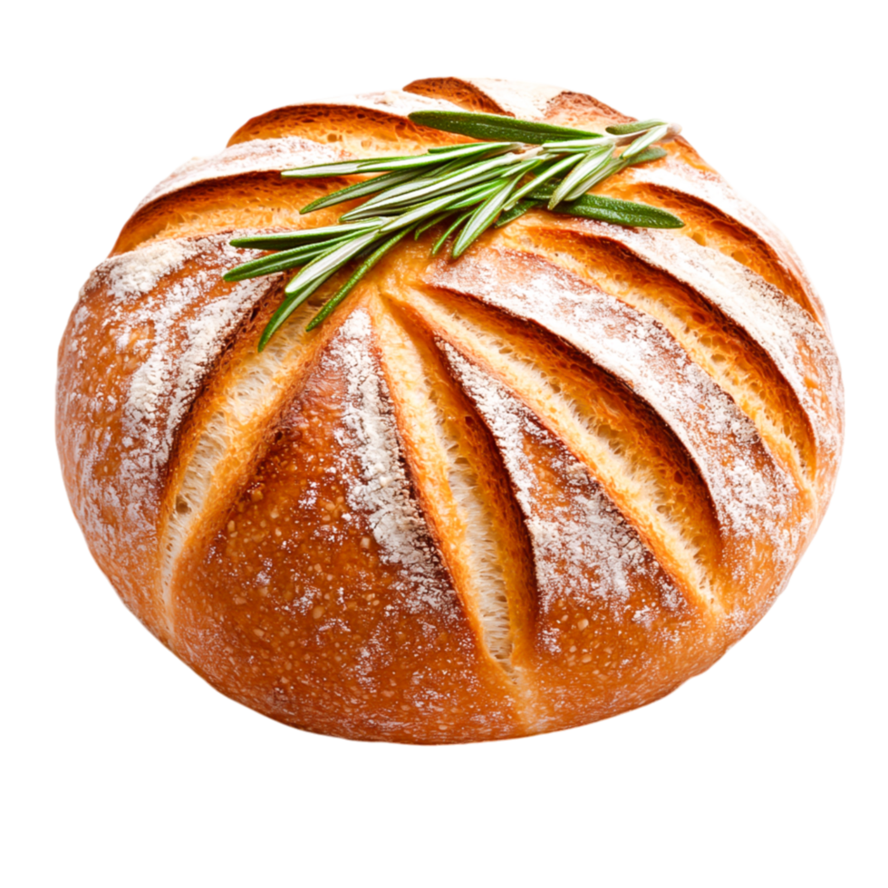 Freshly Baked Round Bread with Sprig of Rosemary on png
