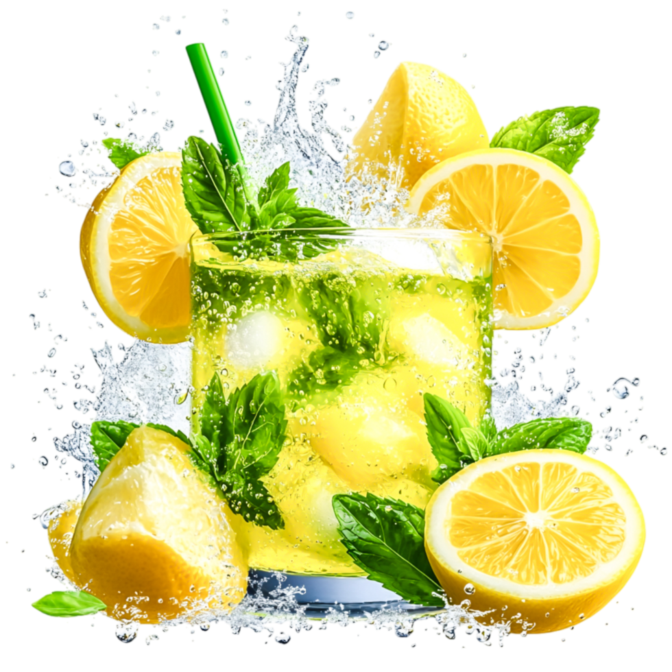 Refreshing Lemonade with Mint and Splashing Water in a Glass png