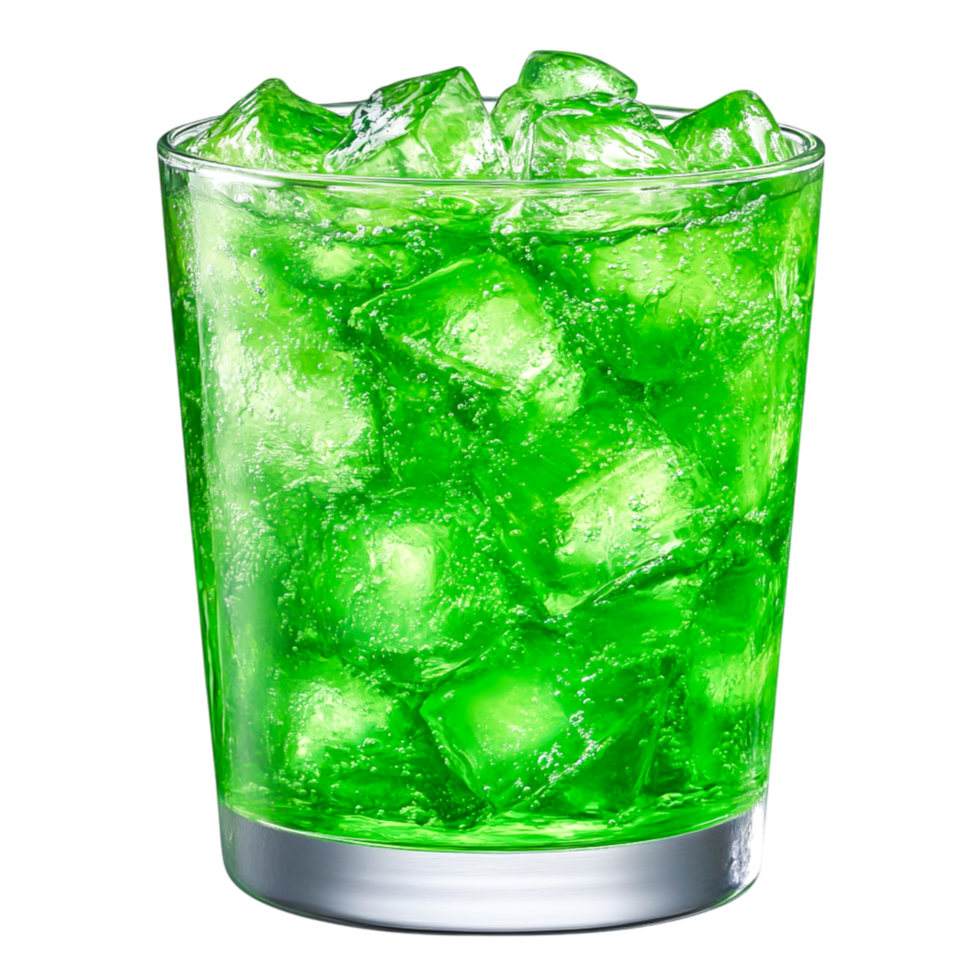Refreshing Green Beverage with Ice Cubes in a Clear Glass png